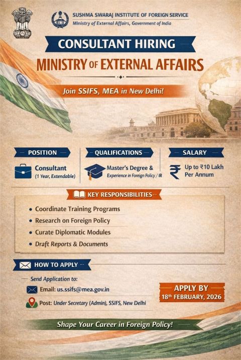 विदेश मंत्रालय (MEA) में निकली कंसल्टेंट की वैकेंसी…1 लाख तक मिलेगी सैलरी…ऑनलाइन या ऑफलाइन करें अप्लाई
