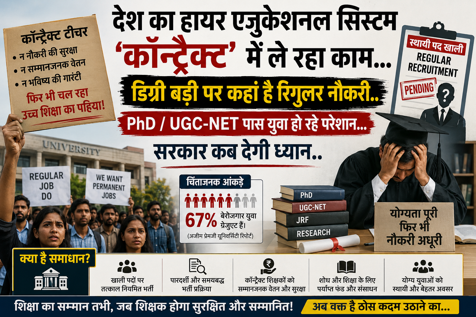 हायर एजुकेशनल सिस्टम ‘कॉन्ट्रैक्ट’ में ले रहा काम…डिग्री बड़ी, पर रिगुलर नौकरी नहीं..PhD और NET पास युवा हो रहे परेशान…सरकार कब देगी ध्यान..?