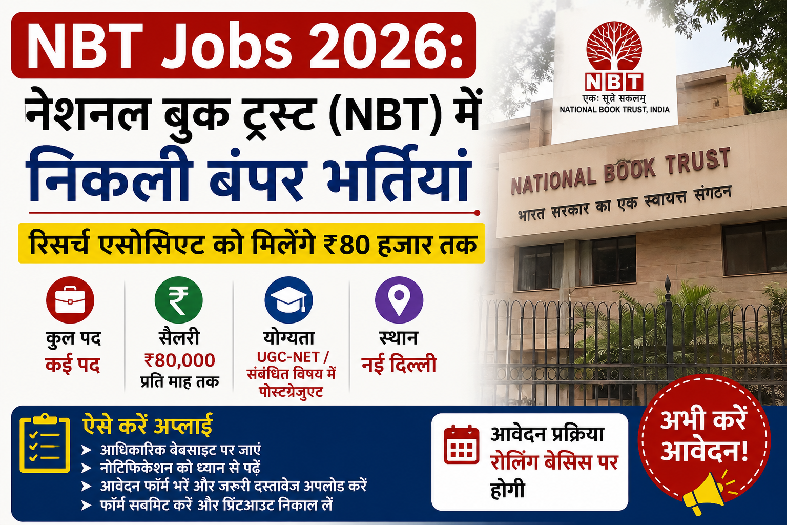 NBT में निकली रिसर्च एसोसिएट समेत कई पदों पर वैकेंसी…80 हज़ार तक है सैलरी..ऐसे करें आवेदन