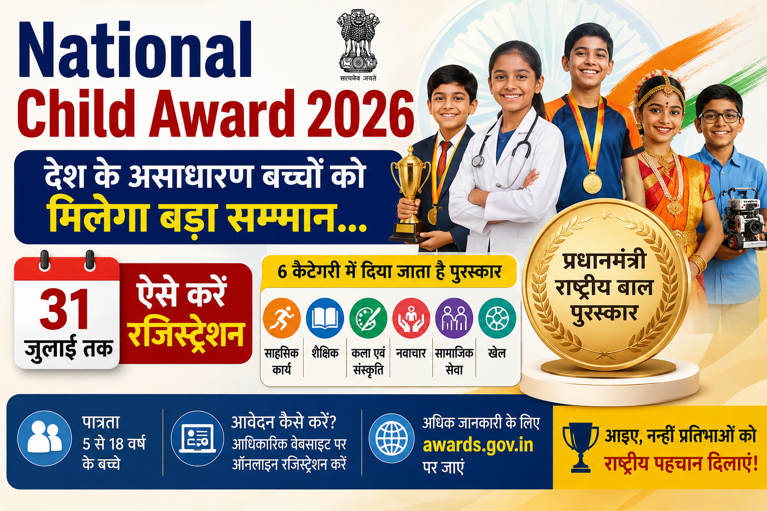 बच्चों के असाधारण कार्य को सरकार देती है सम्मान…राष्ट्रीय बाल पुरस्कार-2026 के लिए करें नामाकंन