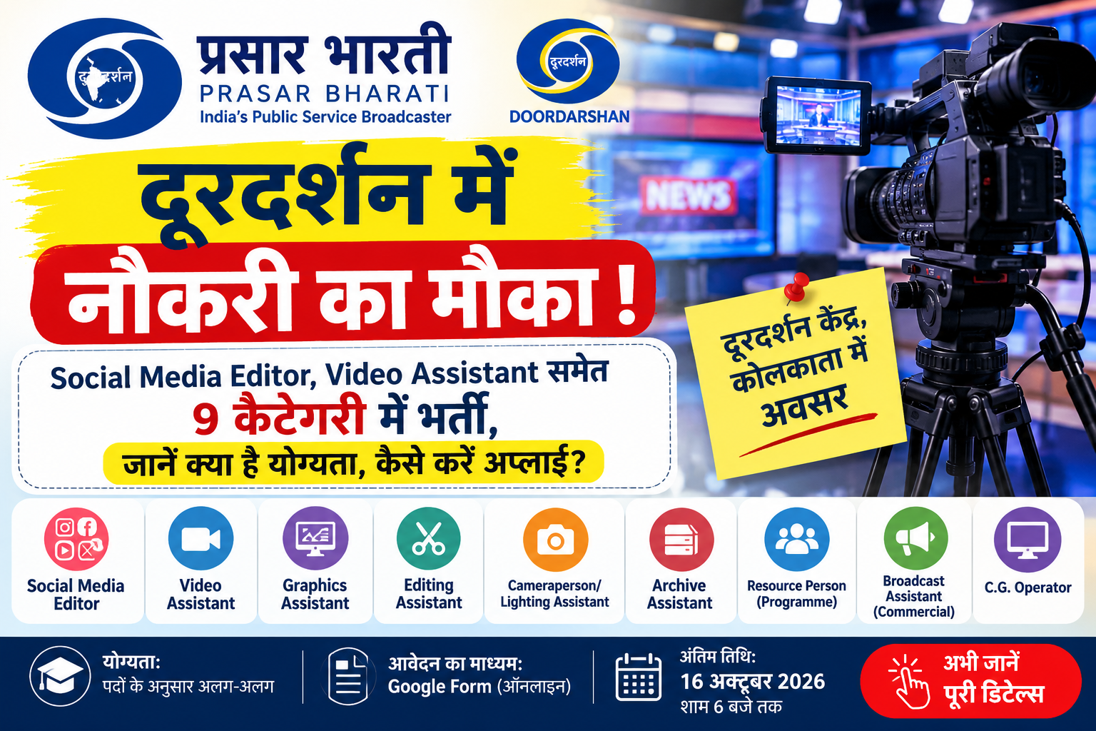 दूरदर्शन के इस केंद्र में कई पदों के लिए बन रहा है कैजुअल पैनल..इस फॉर्म के ज़रिए करें आवेदन